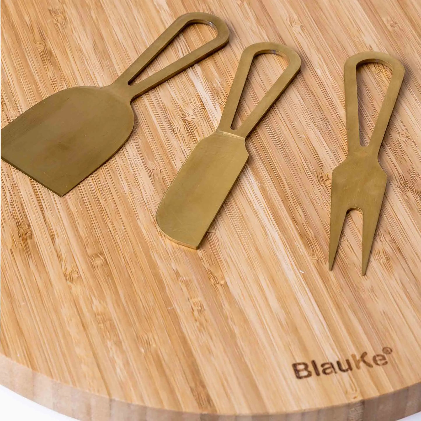 Bamboo Cheese Board and Knife Set with Magnetic Cutlery Storage - 13 inch Round Charcuterie Board